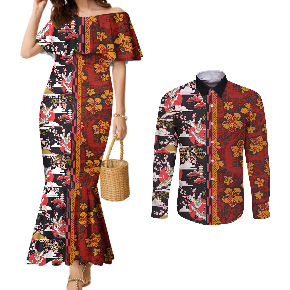 Pan-Pacific Festival Couples Matching Mermaid Dress and Long Sleeve Button Shirt Hawaiian Tribal and Japanese Pattern Together Culture