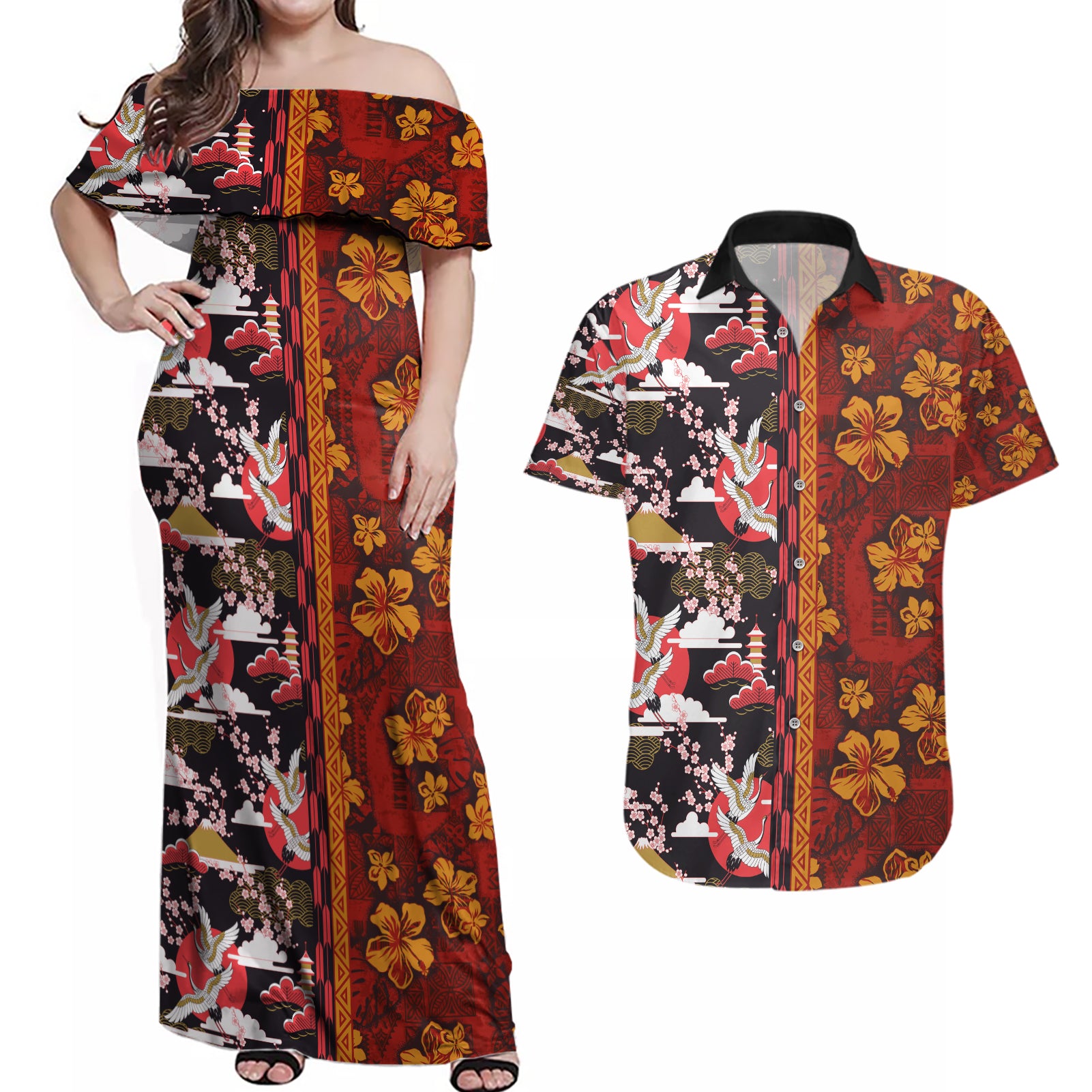 Pan-Pacific Festival Couples Matching Off Shoulder Maxi Dress and Hawaiian Shirt Hawaiian Tribal and Japanese Pattern Together Culture