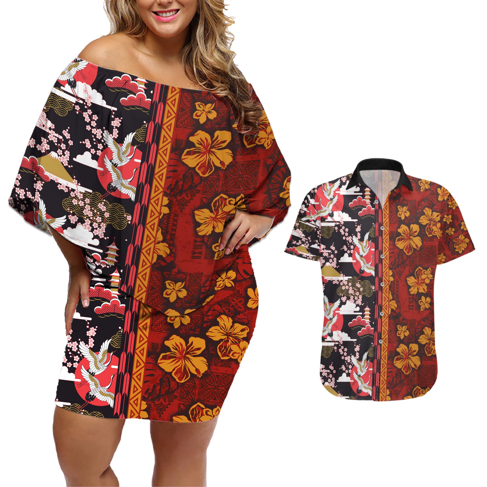 Pan-Pacific Festival Couples Matching Off Shoulder Short Dress and Hawaiian Shirt Hawaiian Tribal and Japanese Pattern Together Culture