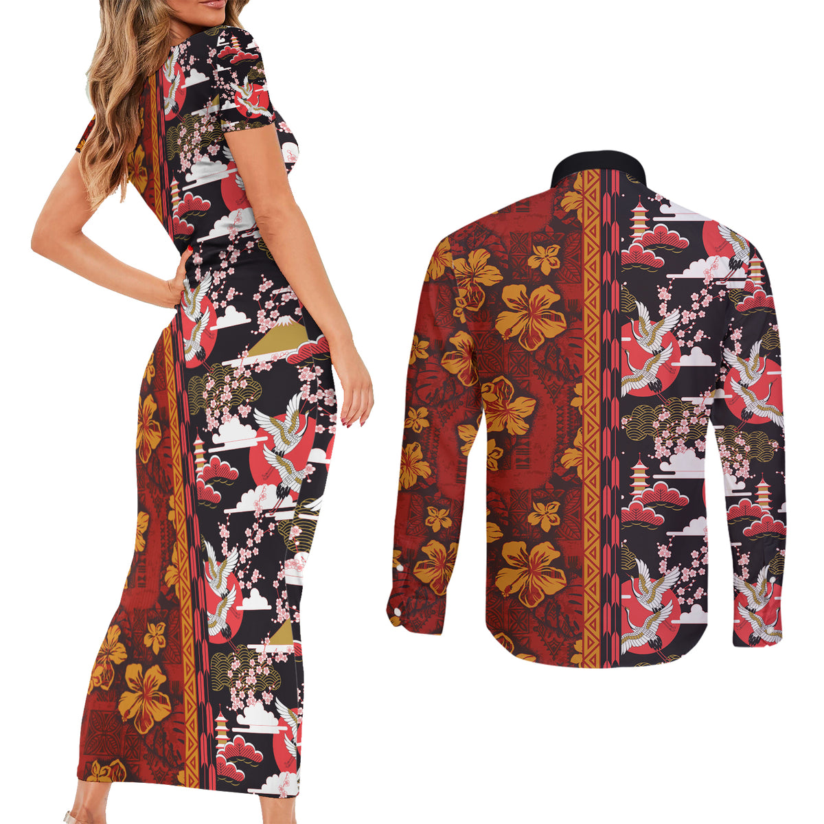 Pan-Pacific Festival Couples Matching Short Sleeve Bodycon Dress and Long Sleeve Button Shirt Hawaiian Tribal and Japanese Pattern Together Culture