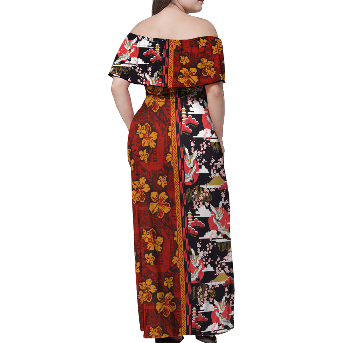 Pan-Pacific Festival Family Matching Off Shoulder Maxi Dress and Hawaiian Shirt Hawaiian Tribal and Japanese Pattern Together Culture