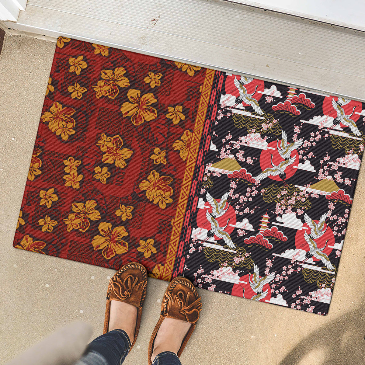 Pan-Pacific Festival Rubber Doormat Hawaiian Tribal and Japanese Pattern Together Culture