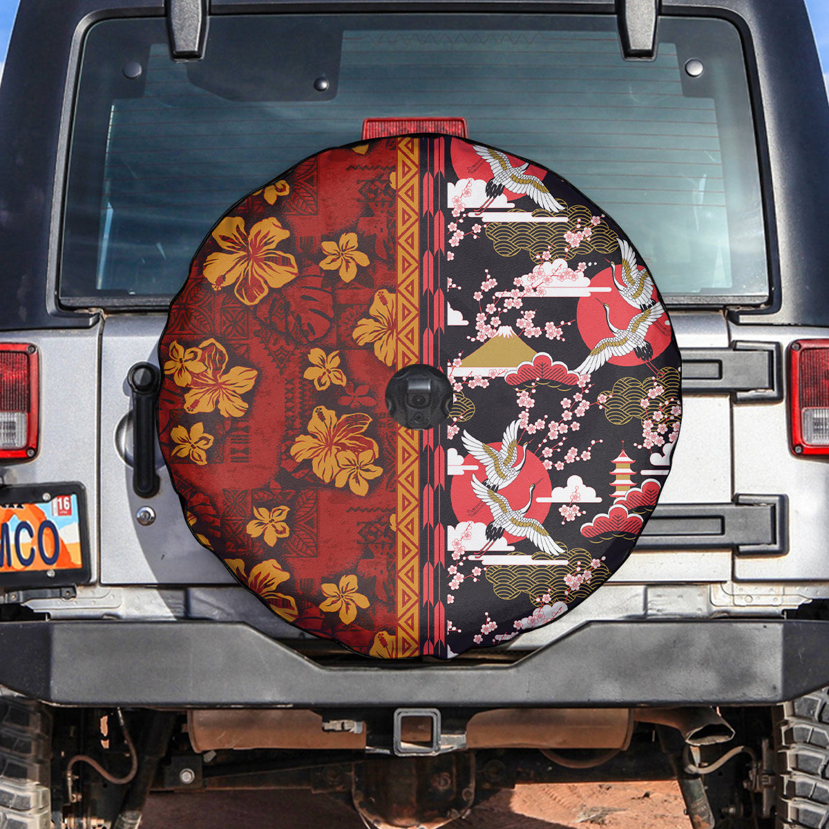 Pan-Pacific Festival Spare Tire Cover Hawaiian Tribal and Japanese Pattern Together Culture