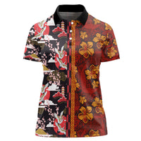Japanese Culture Hawaii Style Women Polo Shirt Hawaiian Tribal and Japanese Pattern Together Culture LT03 Female Red - Polynesian Pride