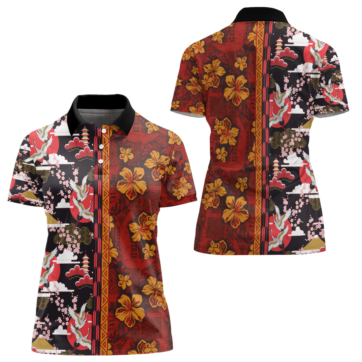 Japanese Culture Hawaii Style Women Polo Shirt Hawaiian Tribal and Japanese Pattern Together Culture LT03 - Polynesian Pride