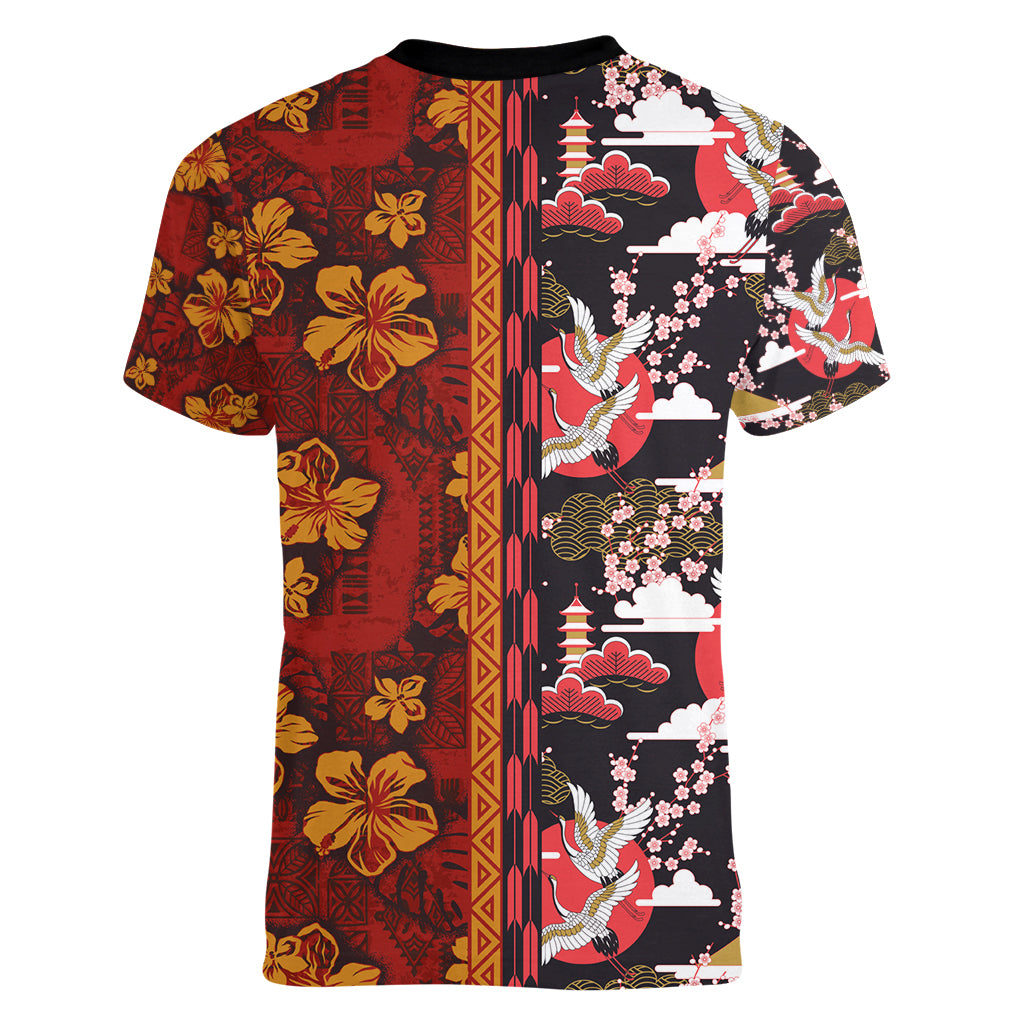 Pan-Pacific Festival Women V-Neck T-Shirt Hawaiian Tribal and Japanese Pattern Together Culture