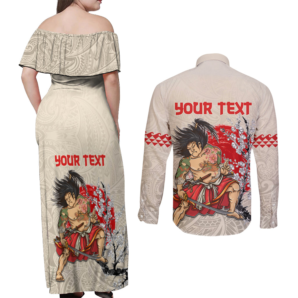 Personalised Pan-Pacific Festival Couples Matching Off Shoulder Maxi Dress and Long Sleeve Button Shirt Japanese Samurai with Hawaiian Pattern