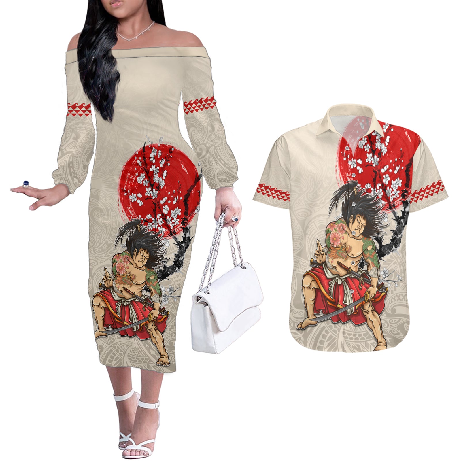 Personalised Pan-Pacific Festival Couples Matching Off The Shoulder Long Sleeve Dress and Hawaiian Shirt Japanese Samurai with Hawaiian Pattern