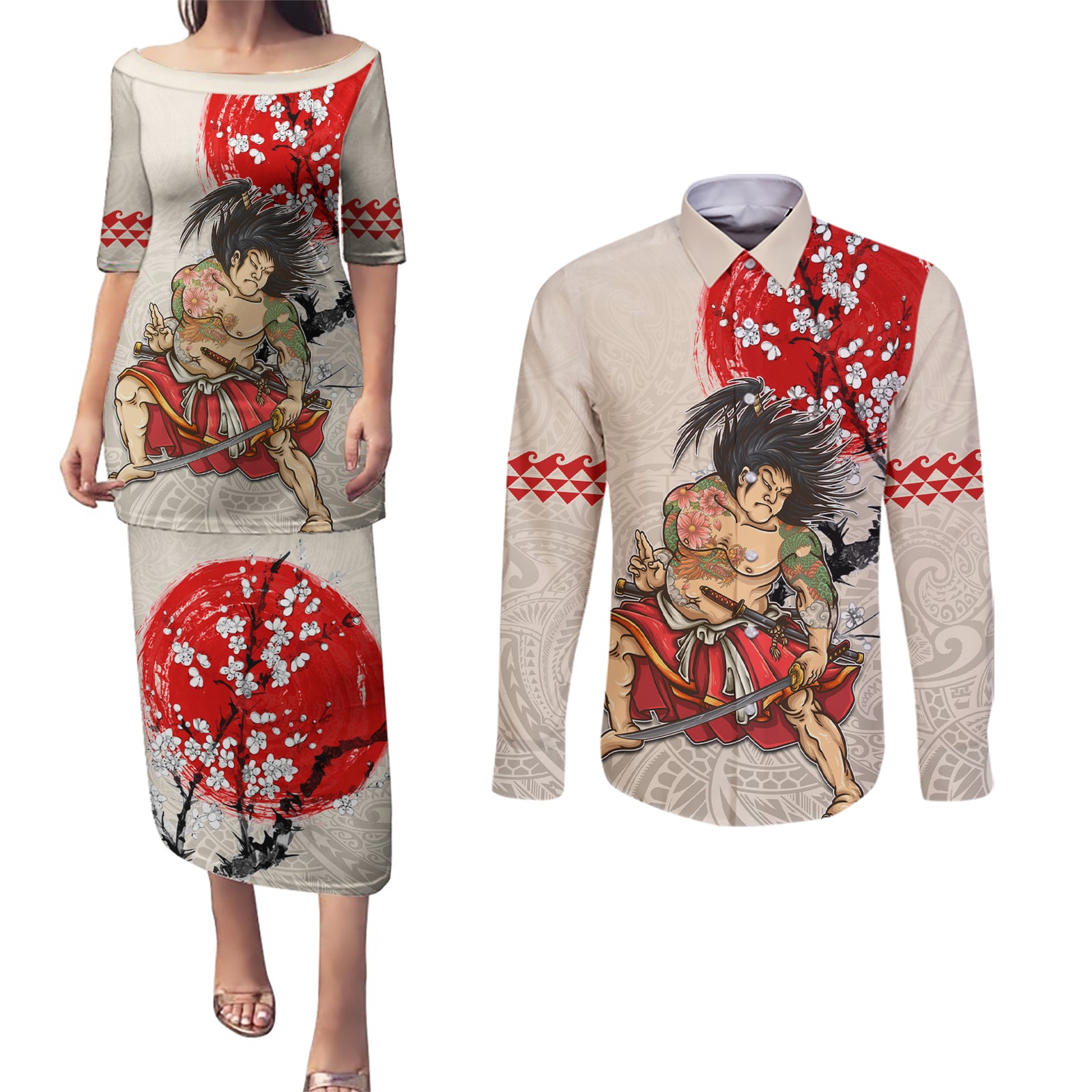 Personalised Pan-Pacific Festival Couples Matching Puletasi and Long Sleeve Button Shirt Japanese Samurai with Hawaiian Pattern