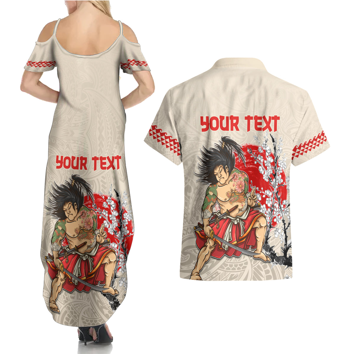 Personalised Pan-Pacific Festival Couples Matching Summer Maxi Dress and Hawaiian Shirt Japanese Samurai with Hawaiian Pattern