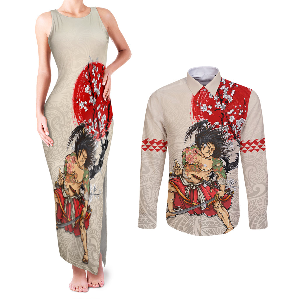 Personalised Pan-Pacific Festival Couples Matching Tank Maxi Dress and Long Sleeve Button Shirt Japanese Samurai with Hawaiian Pattern