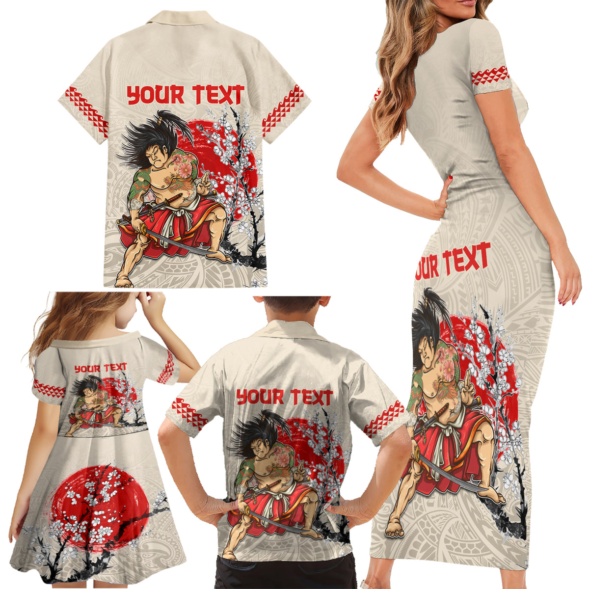 Personalised Pan-Pacific Festival Family Matching Short Sleeve Bodycon Dress and Hawaiian Shirt Japanese Samurai with Hawaiian Pattern