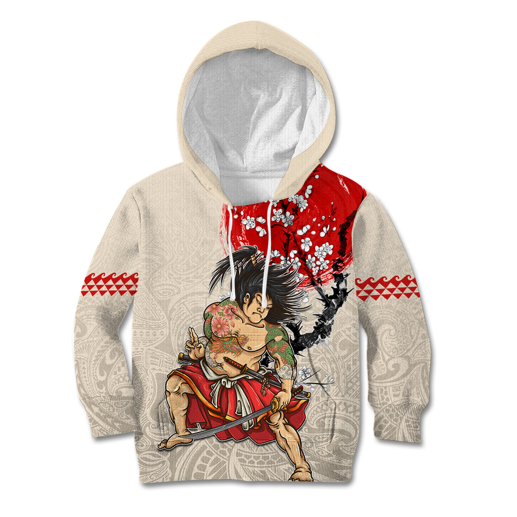 Personalised Pan-Pacific Festival Kid Hoodie Japanese Samurai with Hawaiian Pattern