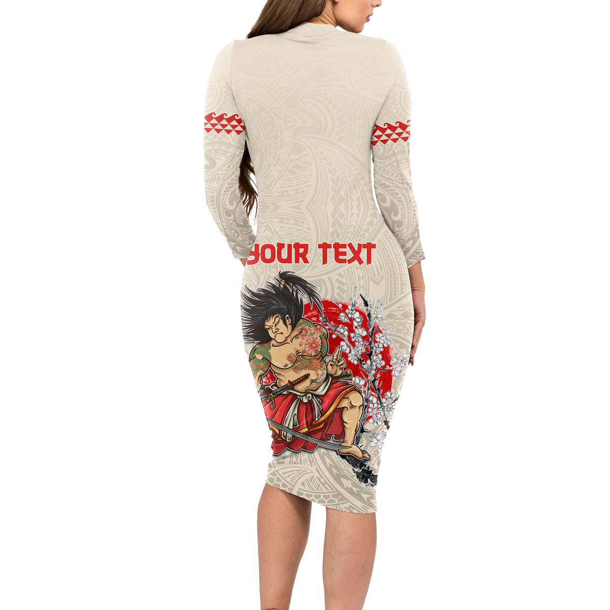 Personalised Pan-Pacific Festival Long Sleeve Bodycon Dress Japanese Samurai with Hawaiian Pattern