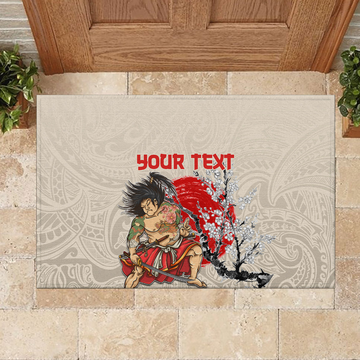 Personalised Pan-Pacific Festival Rubber Doormat Japanese Samurai with Hawaiian Pattern