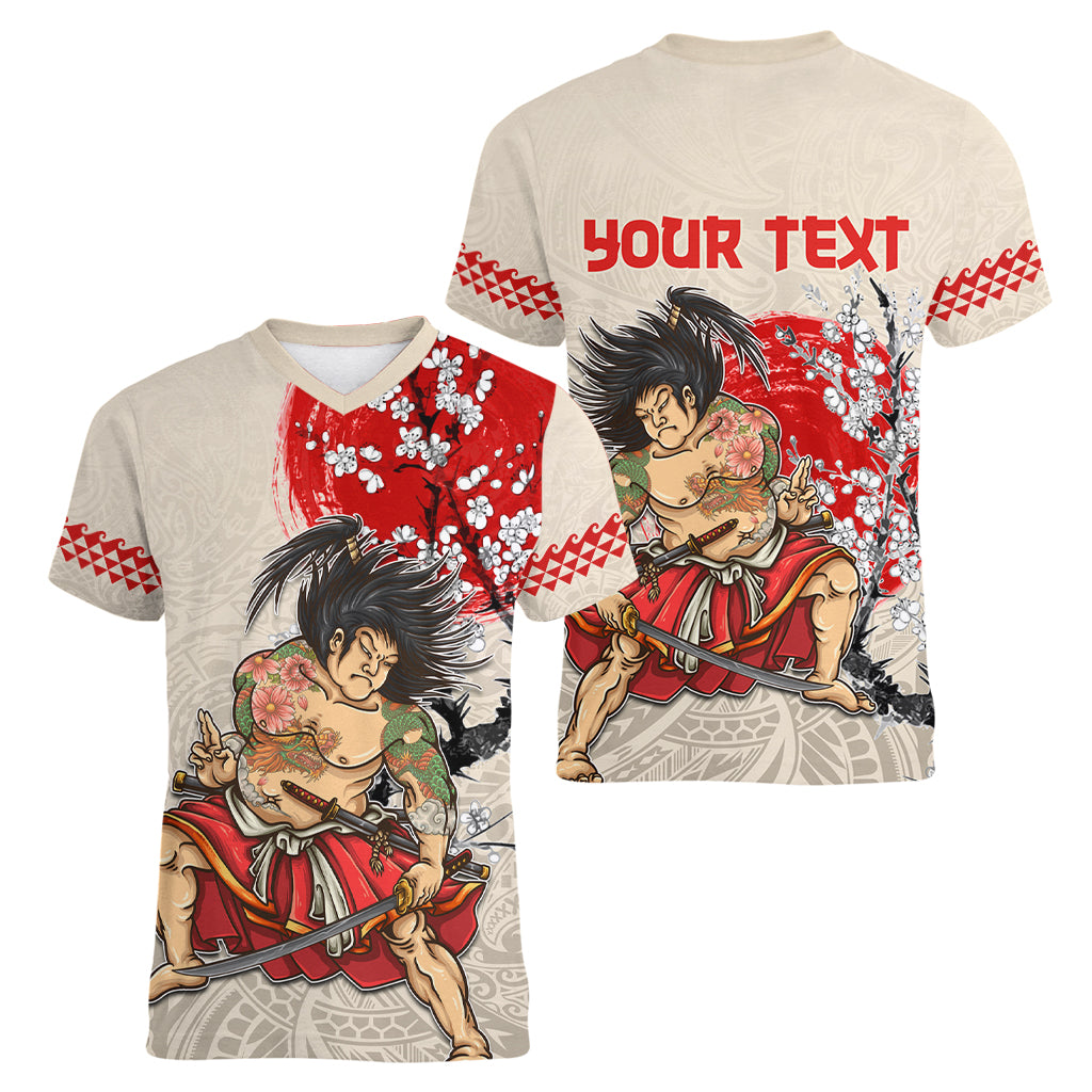 Personalised Pan-Pacific Festival Women V-Neck T-Shirt Japanese Samurai with Hawaiian Pattern