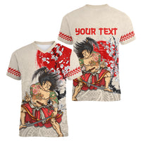 Personalised Pan-Pacific Festival Women V-Neck T-Shirt Japanese Samurai with Hawaiian Pattern