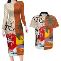 Japanese Culture Hawaii Style Couples Matching Long Sleeve Bodycon Dress and Hawaiian Shirt Mauna Kea and Fuji Mountains LT03 Brown - Polynesian Pride