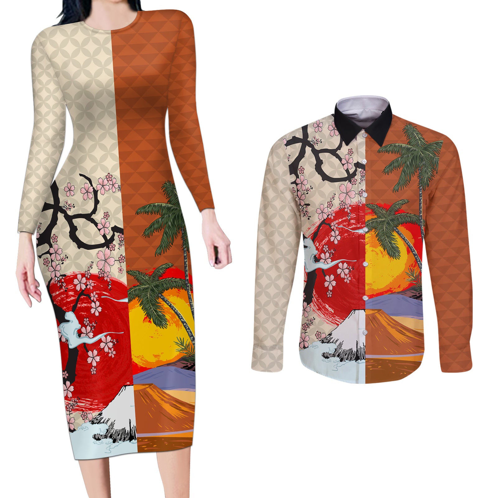 Pan-Pacific Festival Couples Matching Long Sleeve Bodycon Dress and Long Sleeve Button Shirt Mauna Kea and Fuji Mountains
