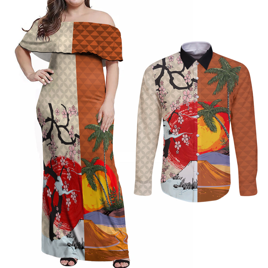 Pan-Pacific Festival Couples Matching Off Shoulder Maxi Dress and Long Sleeve Button Shirt Mauna Kea and Fuji Mountains