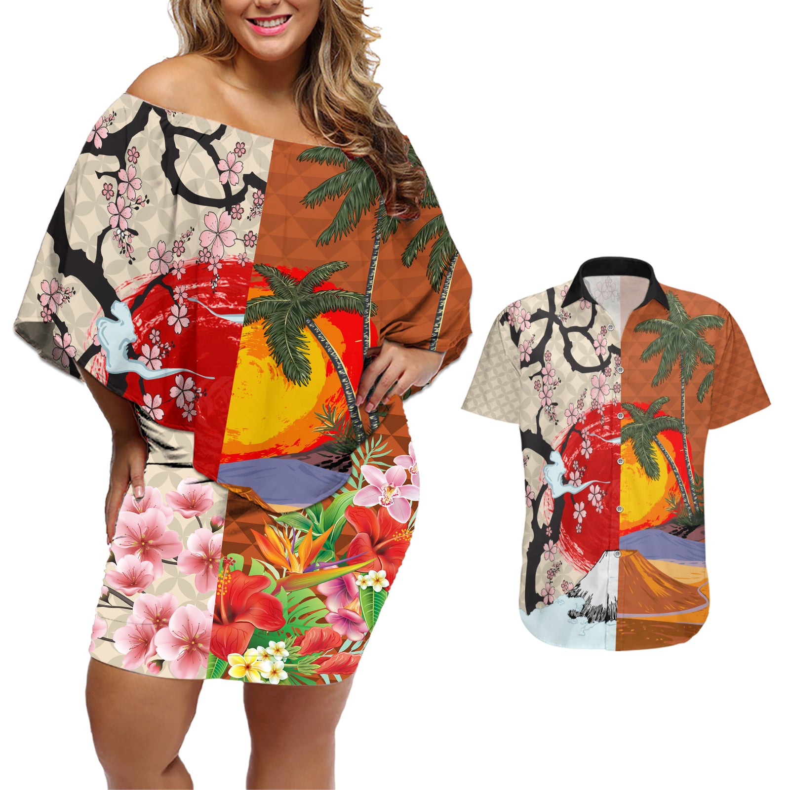 Pan-Pacific Festival Couples Matching Off Shoulder Short Dress and Hawaiian Shirt Mauna Kea and Fuji Mountains