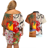 Pan-Pacific Festival Couples Matching Off Shoulder Short Dress and Hawaiian Shirt Mauna Kea and Fuji Mountains