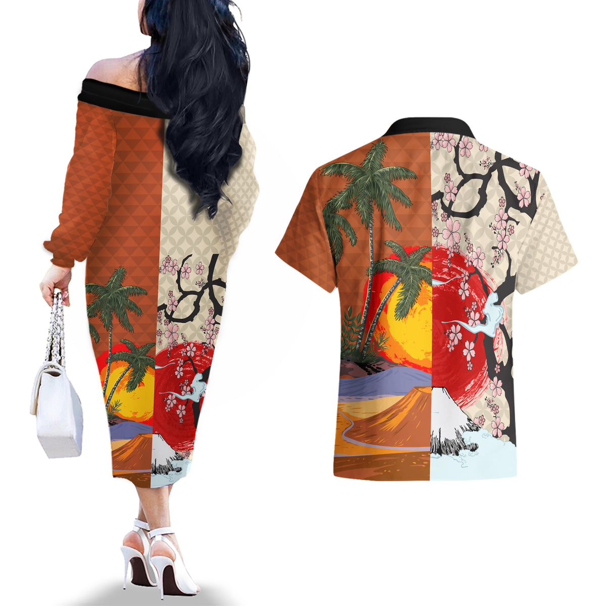 Pan-Pacific Festival Couples Matching Off The Shoulder Long Sleeve Dress and Hawaiian Shirt Mauna Kea and Fuji Mountains