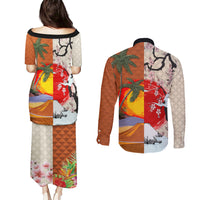 Pan-Pacific Festival Couples Matching Puletasi and Long Sleeve Button Shirt Mauna Kea and Fuji Mountains
