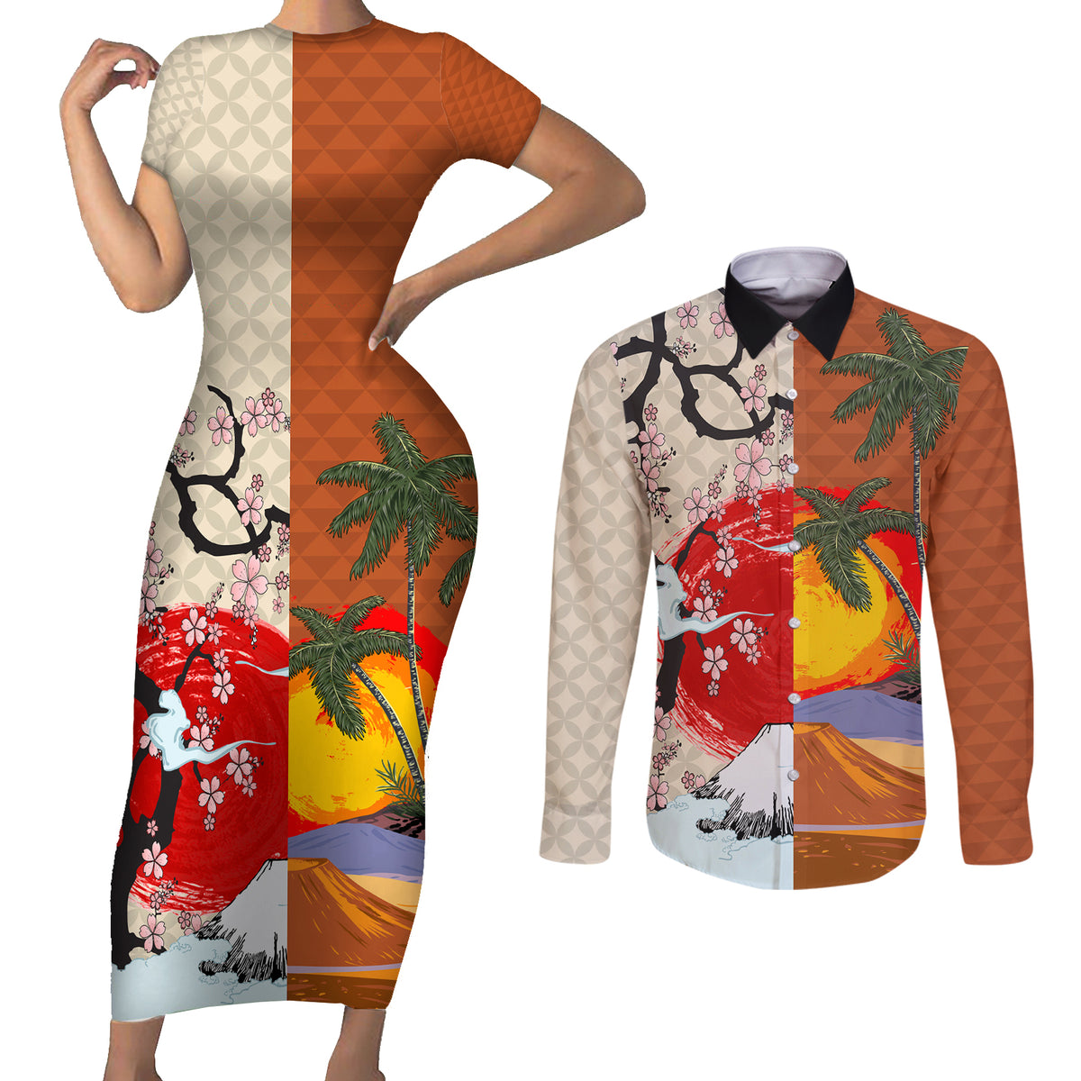 Pan-Pacific Festival Couples Matching Short Sleeve Bodycon Dress and Long Sleeve Button Shirt Mauna Kea and Fuji Mountains