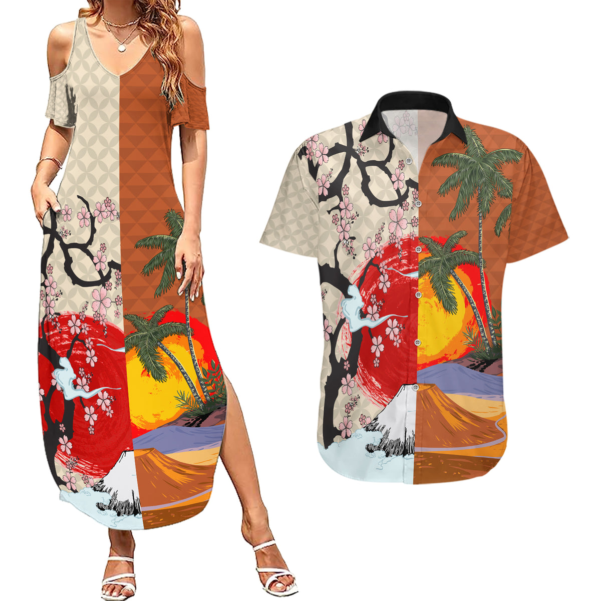 Pan-Pacific Festival Couples Matching Summer Maxi Dress and Hawaiian Shirt Mauna Kea and Fuji Mountains