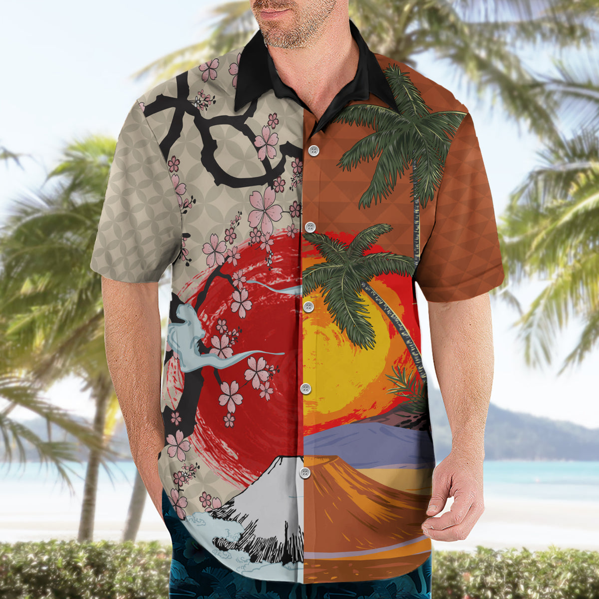 Pan-Pacific Festival Hawaiian Shirt Mauna Kea and Fuji Mountains