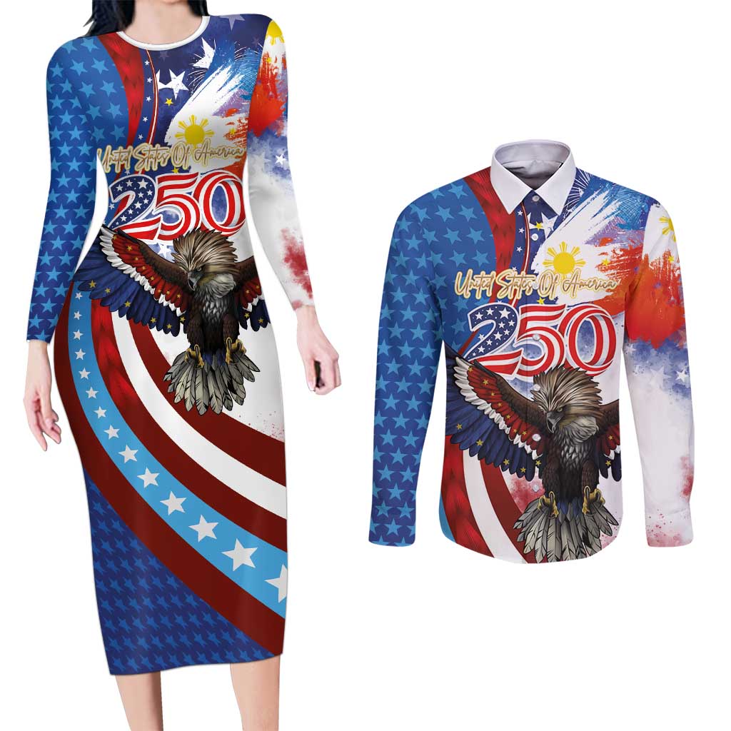 Philippines and United States Semiquincentennial Couples Matching Long Sleeve Bodycon Dress and Long Sleeve Button Shirt Eagle and National Flag Style LT03 Multicolor - Polynesian Pride