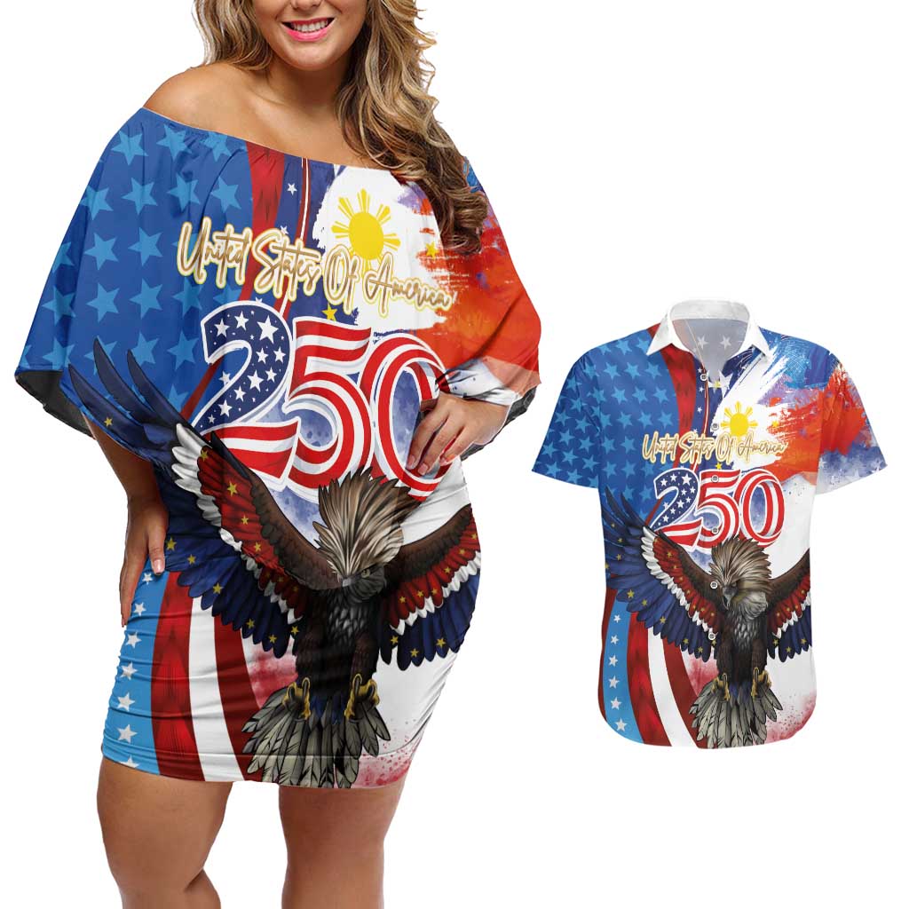 Philippines and United States Semiquincentennial Couples Matching Off Shoulder Short Dress and Hawaiian Shirt Eagle and National Flag Style LT03 Multicolor - Polynesian Pride