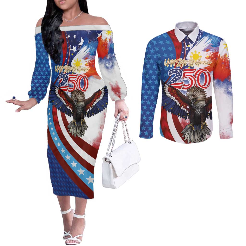 Philippines and United States Semiquincentennial Couples Matching Off The Shoulder Long Sleeve Dress and Long Sleeve Button Shirt Eagle and National Flag Style