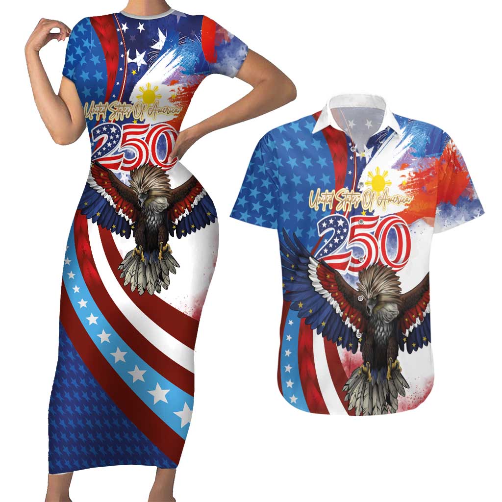 Philippines and United States Semiquincentennial Couples Matching Short Sleeve Bodycon Dress and Hawaiian Shirt Eagle and National Flag Style