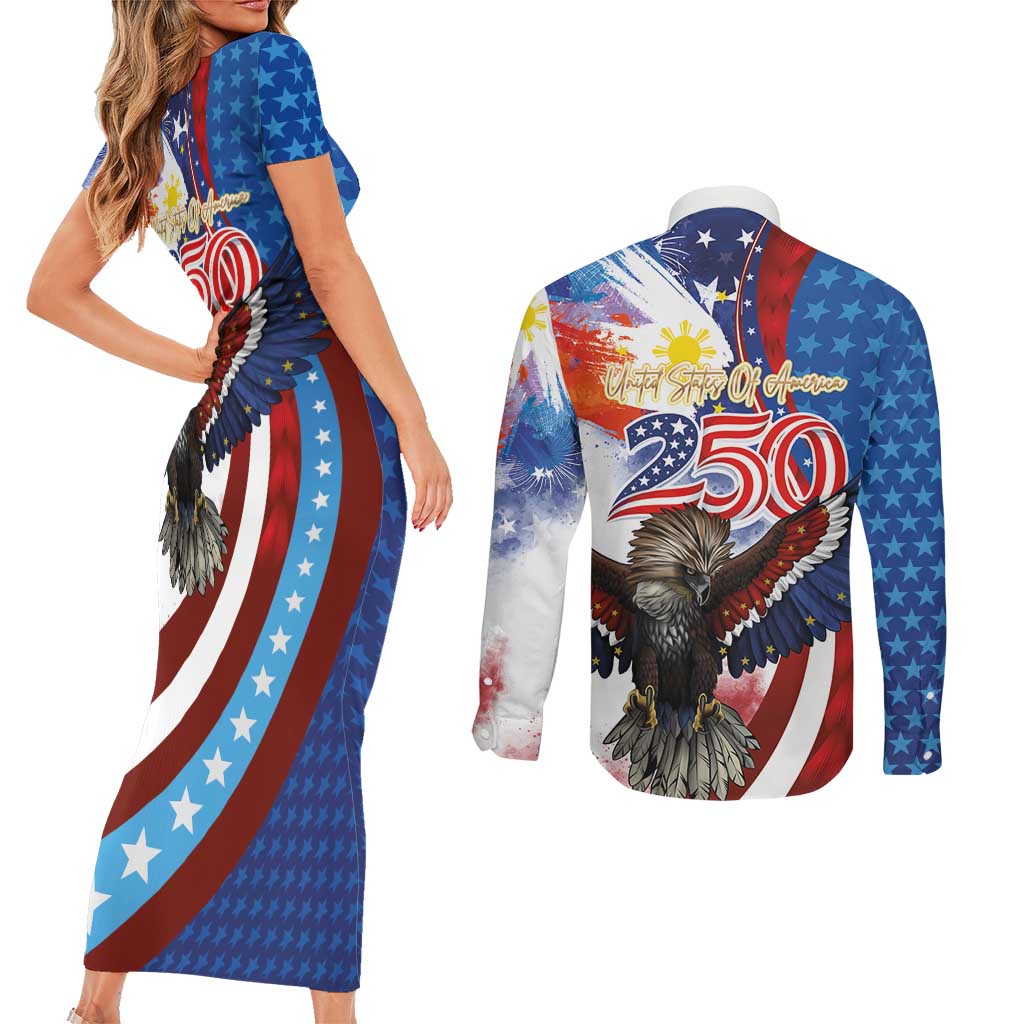 Philippines and United States Semiquincentennial Couples Matching Short Sleeve Bodycon Dress and Long Sleeve Button Shirt Eagle and National Flag Style LT03 - Polynesian Pride