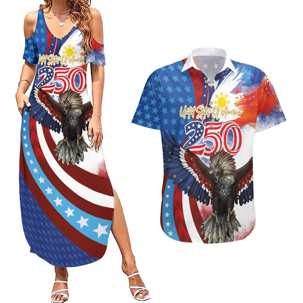 Philippines and United States Semiquincentennial Couples Matching Summer Maxi Dress and Hawaiian Shirt Eagle and National Flag Style LT03 Multicolor - Polynesian Pride