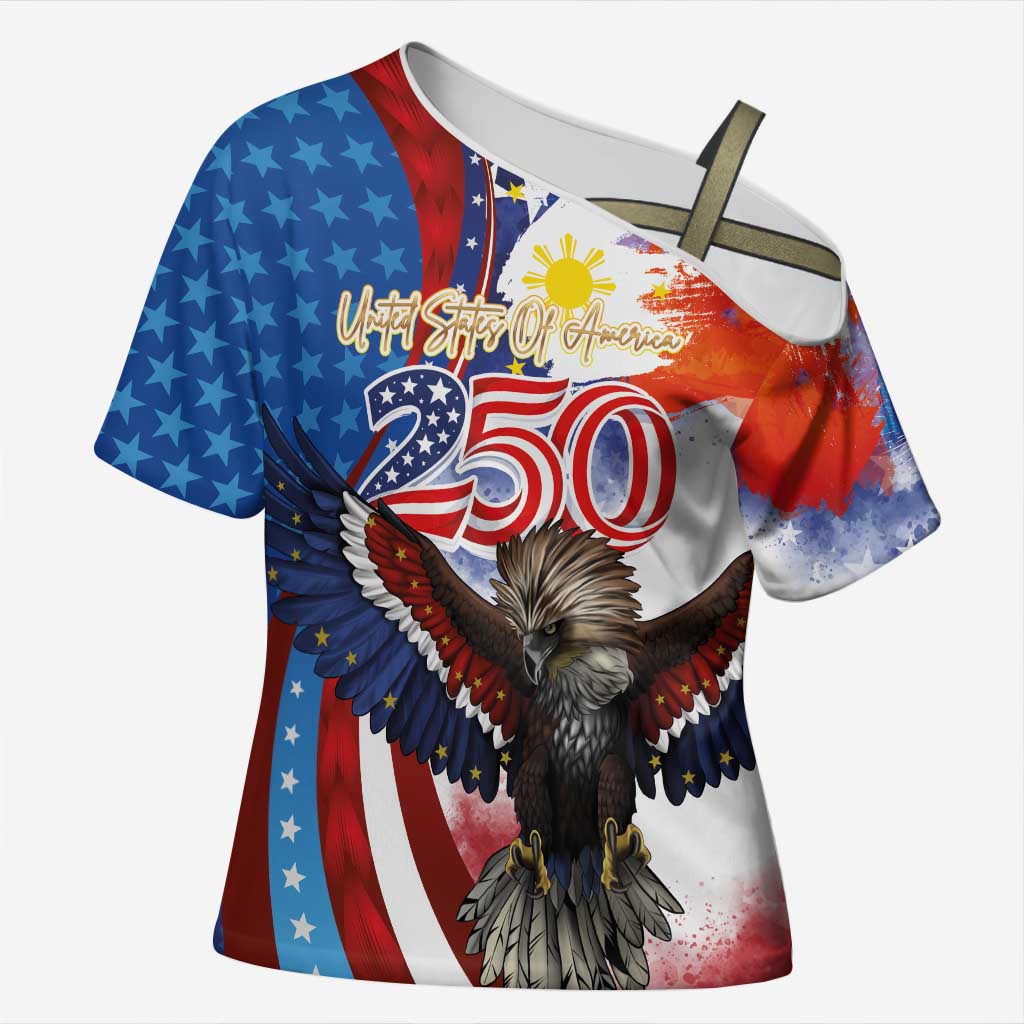 Philippines and United States Semiquincentennial Cross Shoulder Shirt Eagle and National Flag Style