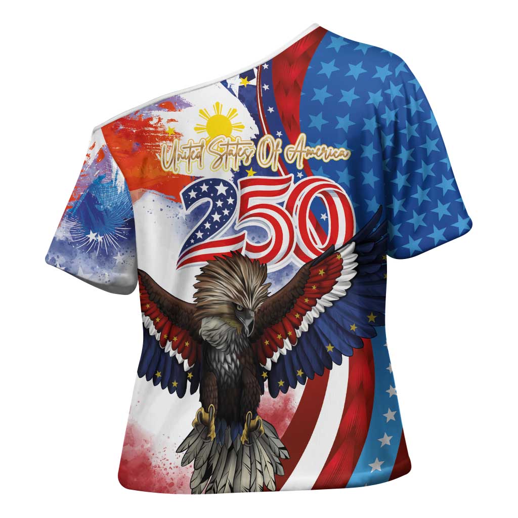 Philippines and United States Semiquincentennial Cross Shoulder Shirt Eagle and National Flag Style