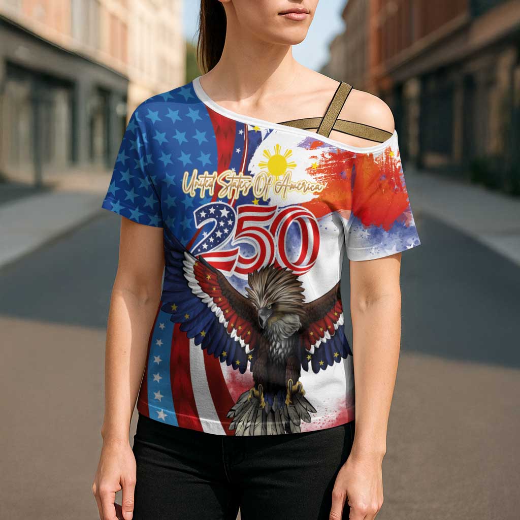 Philippines and United States Semiquincentennial Cross Shoulder Shirt Eagle and National Flag Style