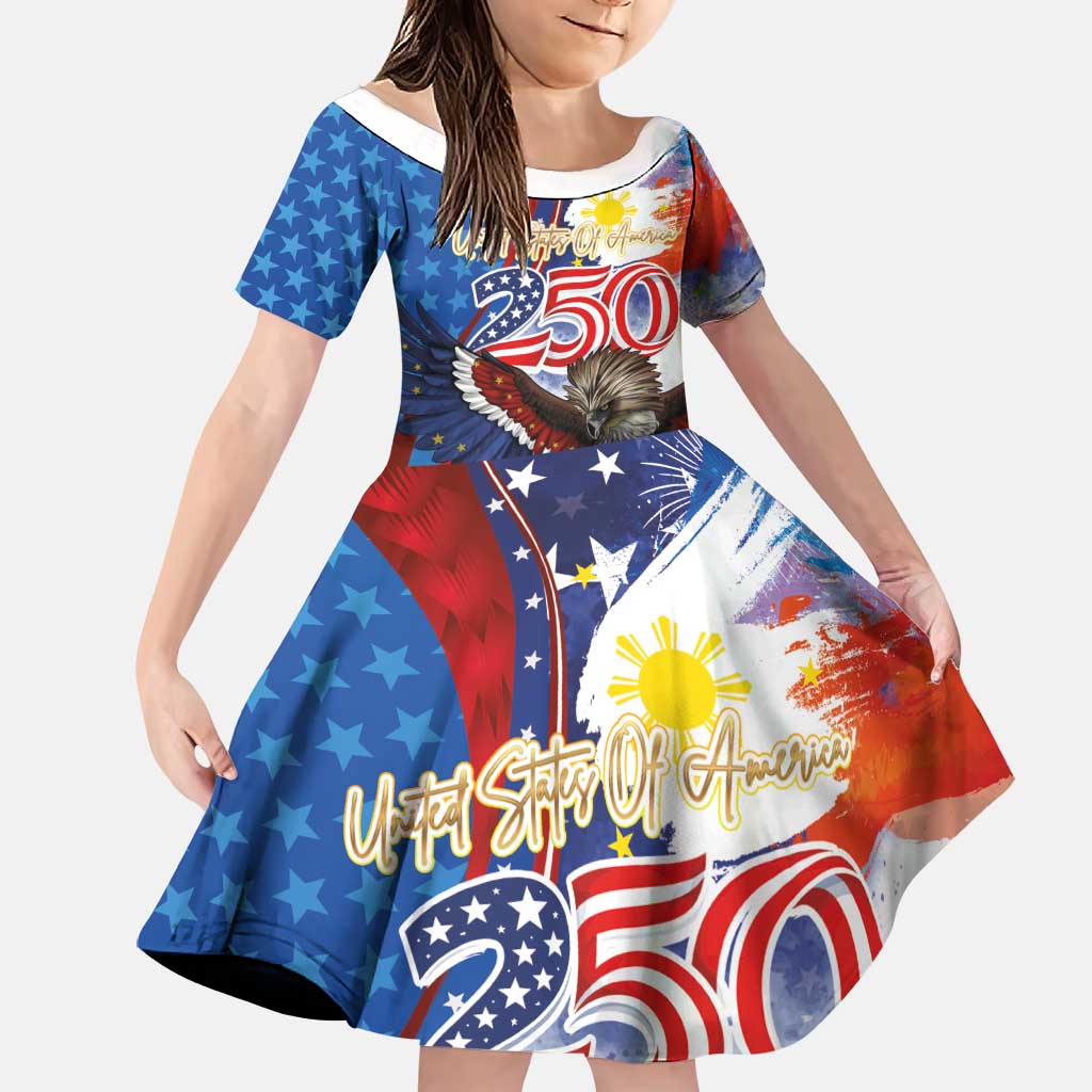 Philippines and United States Semiquincentennial Family Matching Off Shoulder Short Dress and Hawaiian Shirt Eagle and National Flag Style LT03 Daughter's Dress Multicolor - Polynesian Pride