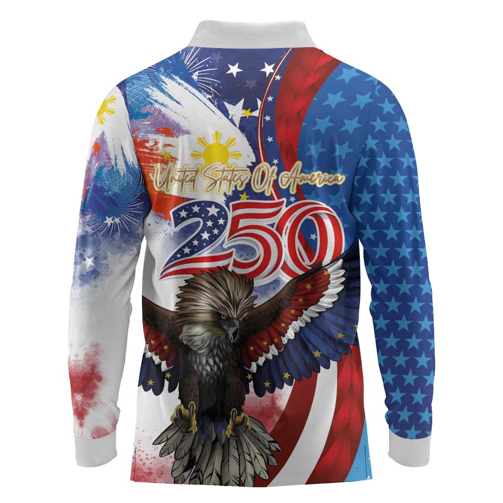 Philippines and United States Semiquincentennial Long Sleeve Polo Shirt Eagle and National Flag Style