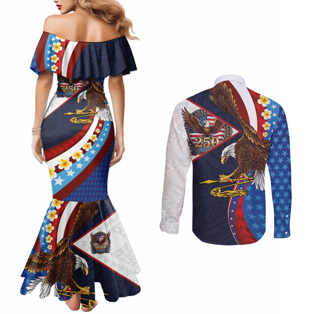 American Samoa and United States Semiquincentennial Couples Matching Mermaid Dress and Long Sleeve Button Shirt Bald Eagle with National Flag Style