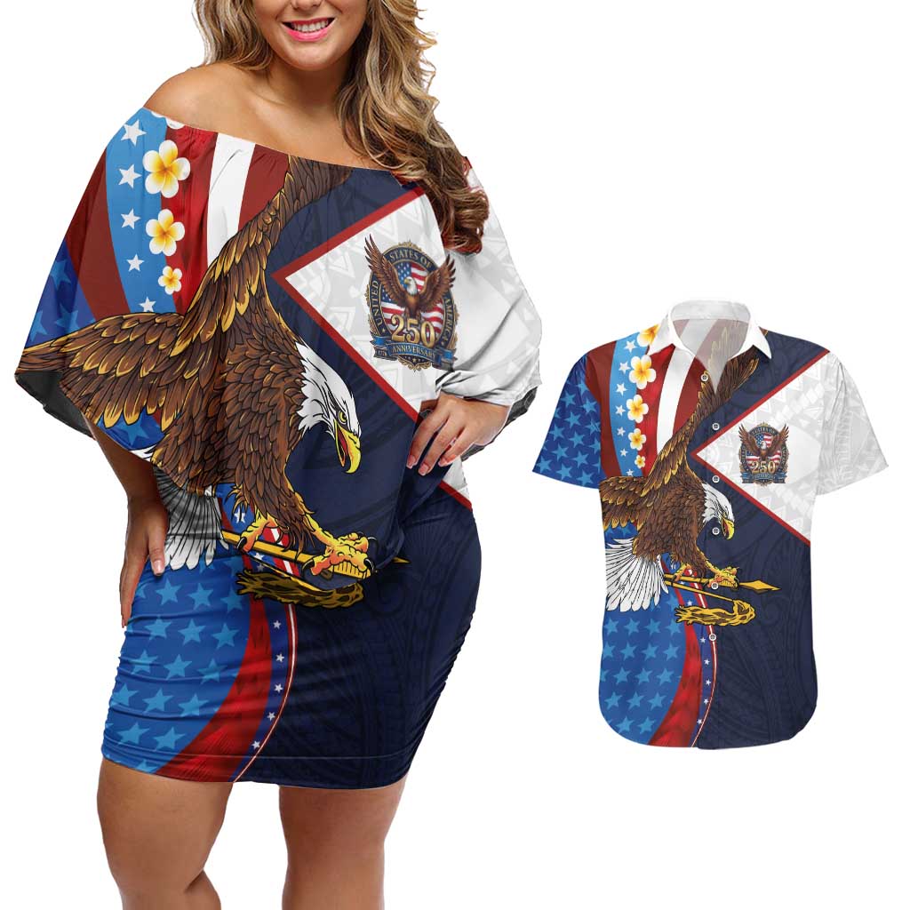 American Samoa and United States Semiquincentennial Couples Matching Off Shoulder Short Dress and Hawaiian Shirt Bald Eagle with National Flag Style