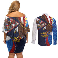 American Samoa and United States Semiquincentennial Couples Matching Off Shoulder Short Dress and Long Sleeve Button Shirt Bald Eagle with National Flag Style