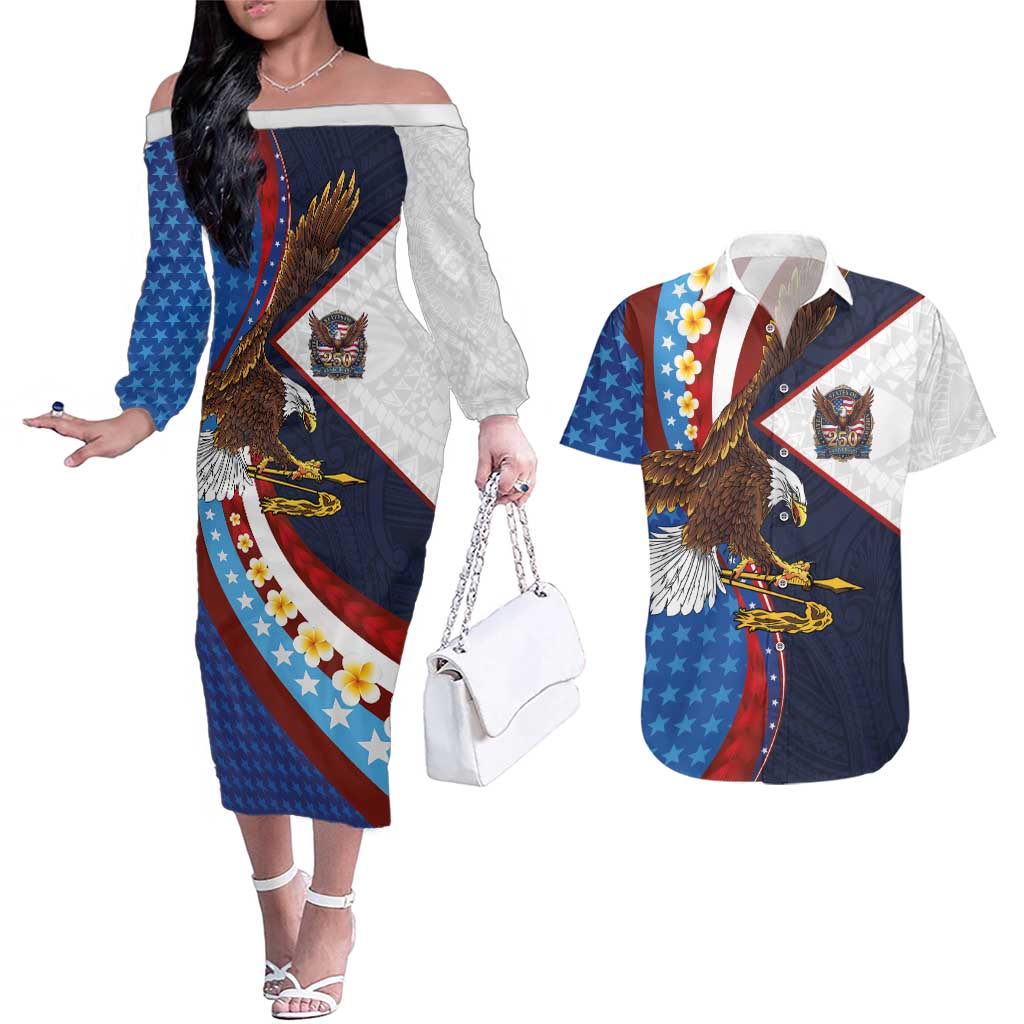 American Samoa and United States Semiquincentennial Couples Matching Off The Shoulder Long Sleeve Dress and Hawaiian Shirt Bald Eagle with National Flag Style LT03 Multicolor - Polynesian Pride