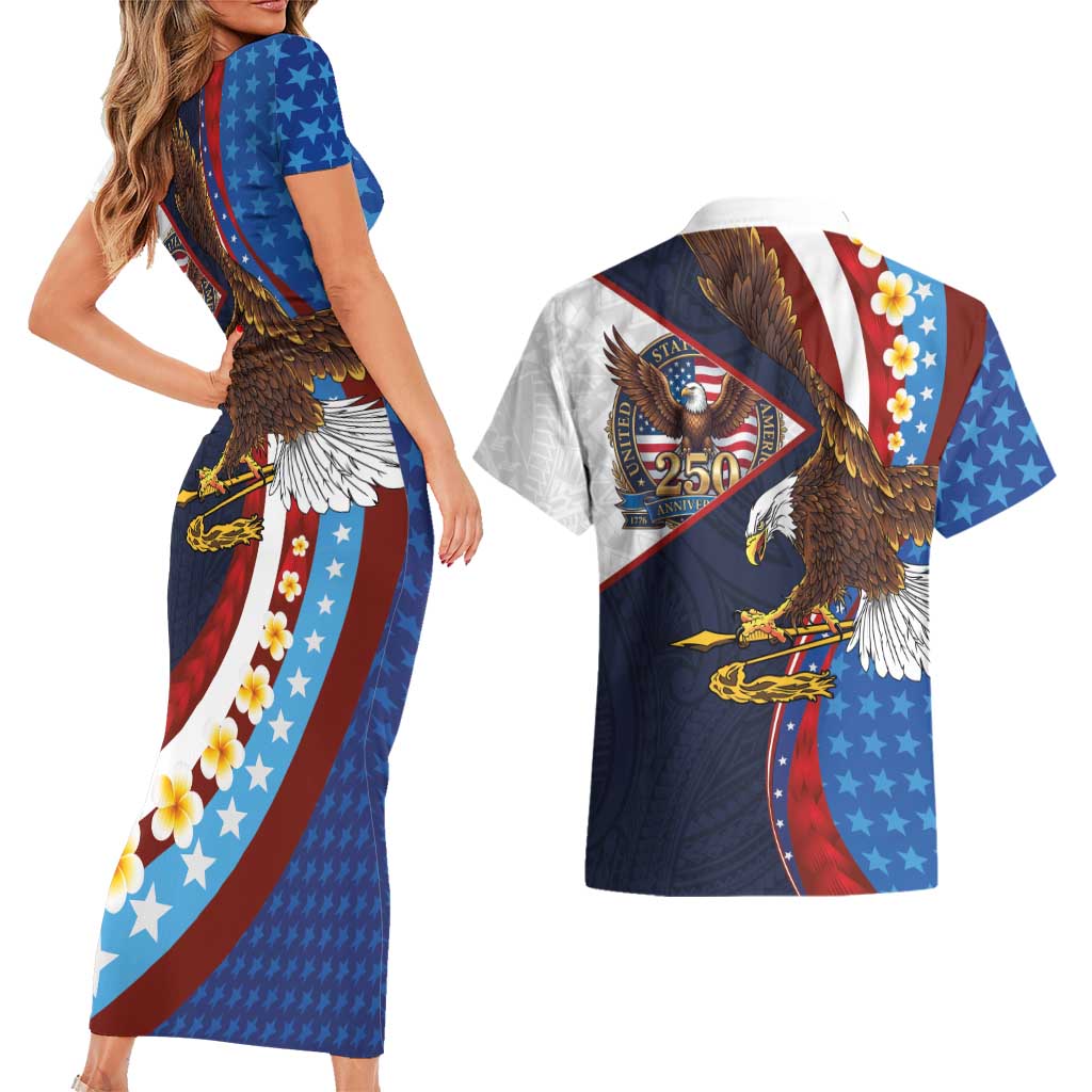 American Samoa and United States Semiquincentennial Couples Matching Short Sleeve Bodycon Dress and Hawaiian Shirt Bald Eagle with National Flag Style LT03 - Polynesian Pride