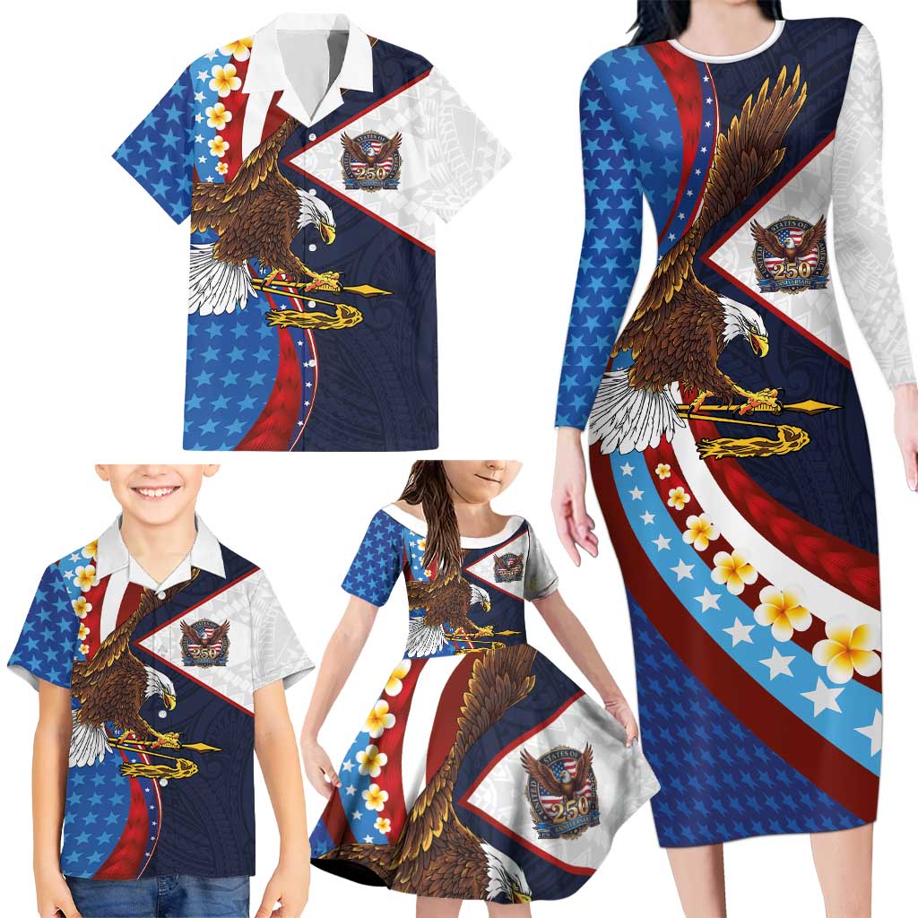 American Samoa and United States Semiquincentennial Family Matching Long Sleeve Bodycon Dress and Hawaiian Shirt Bald Eagle with National Flag Style