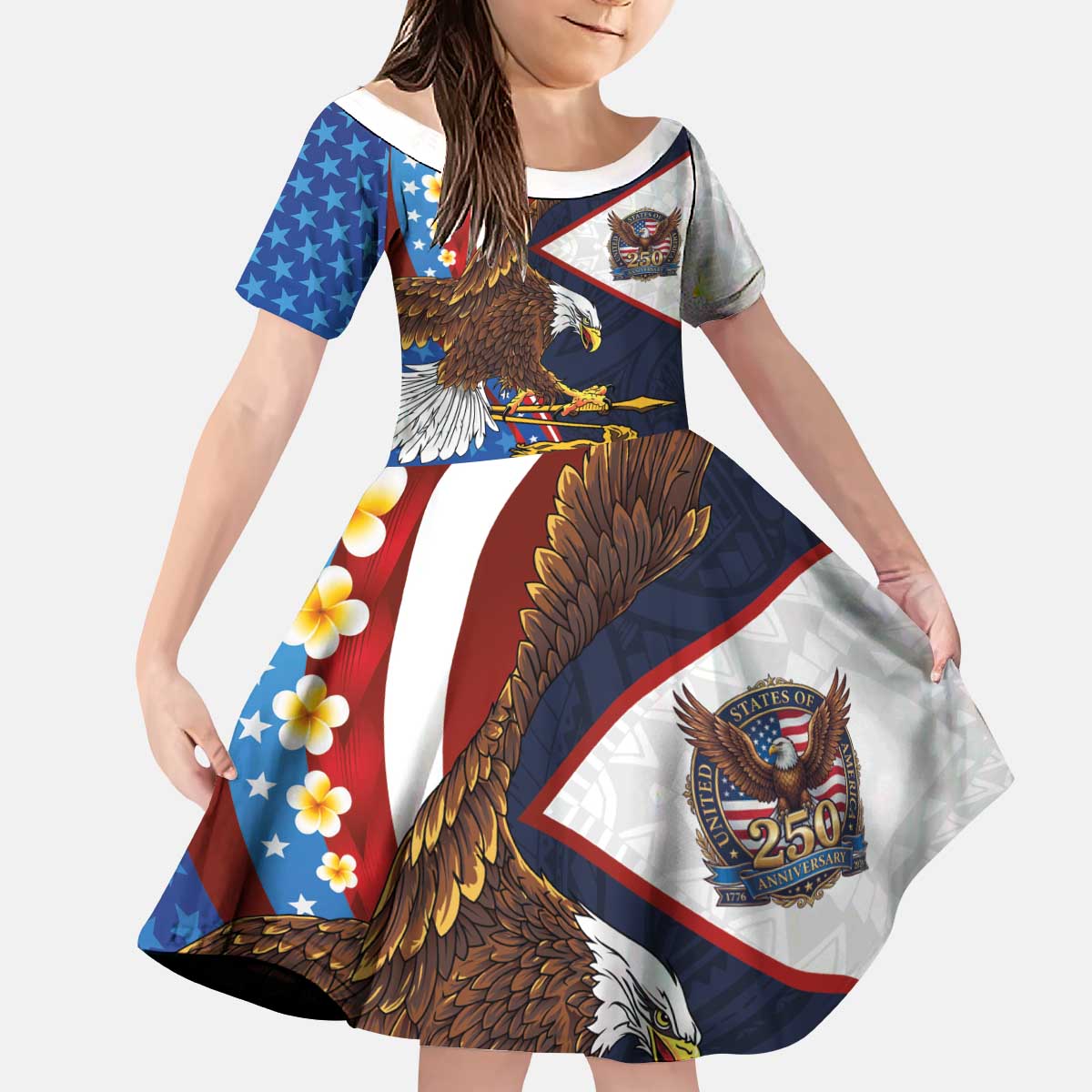 American Samoa and United States Semiquincentennial Kid Short Sleeve Dress Bald Eagle with National Flag Style