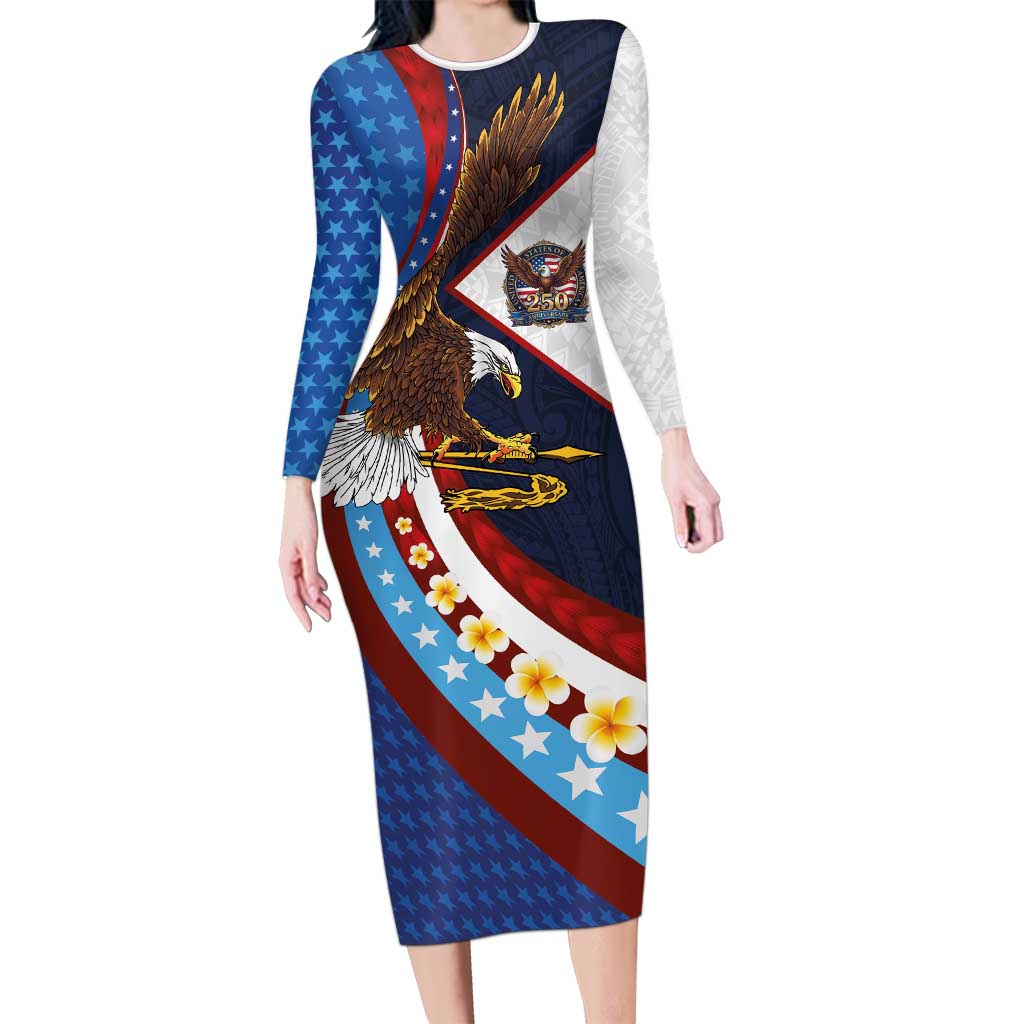 American Samoa and United States Semiquincentennial Long Sleeve Bodycon Dress Bald Eagle with National Flag Style